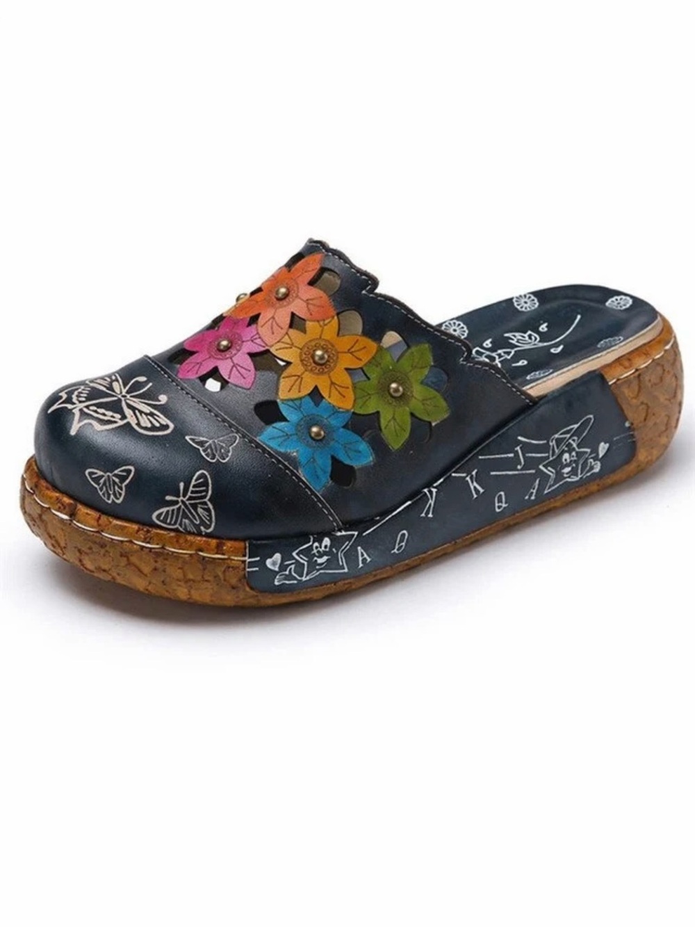 USS Shoes Blue Navy Slip-On Floral Diana Platform Y2K Leather Clog